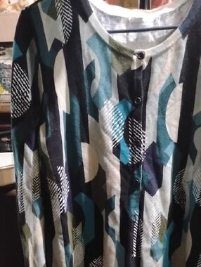 Christopher & Banks Teal, Black, White & Olive Geometric Button Cardigan